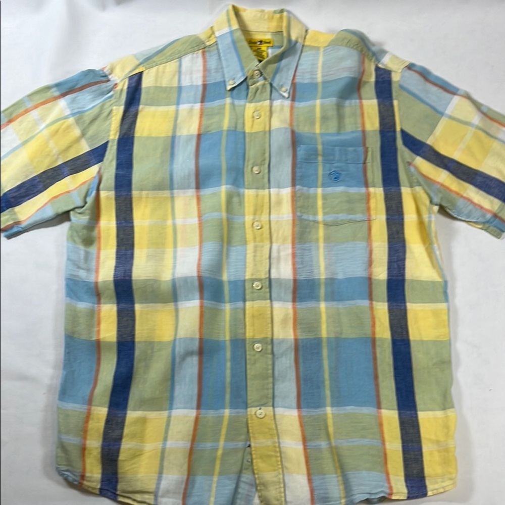 Duck Head Cotton Linen Plaid Short Sleeve Button Down M